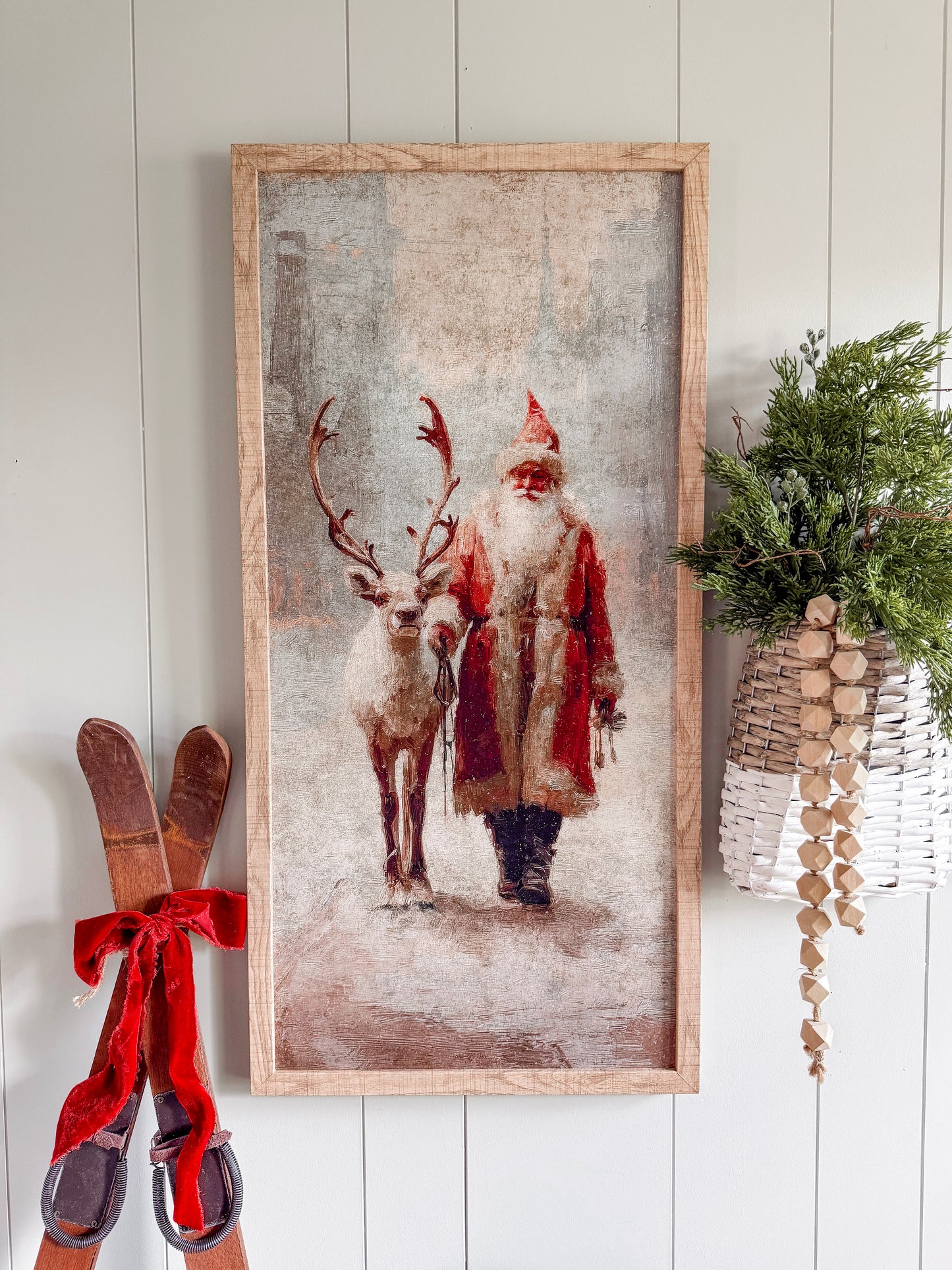 Colored Santa With Reindeer Wood Sign