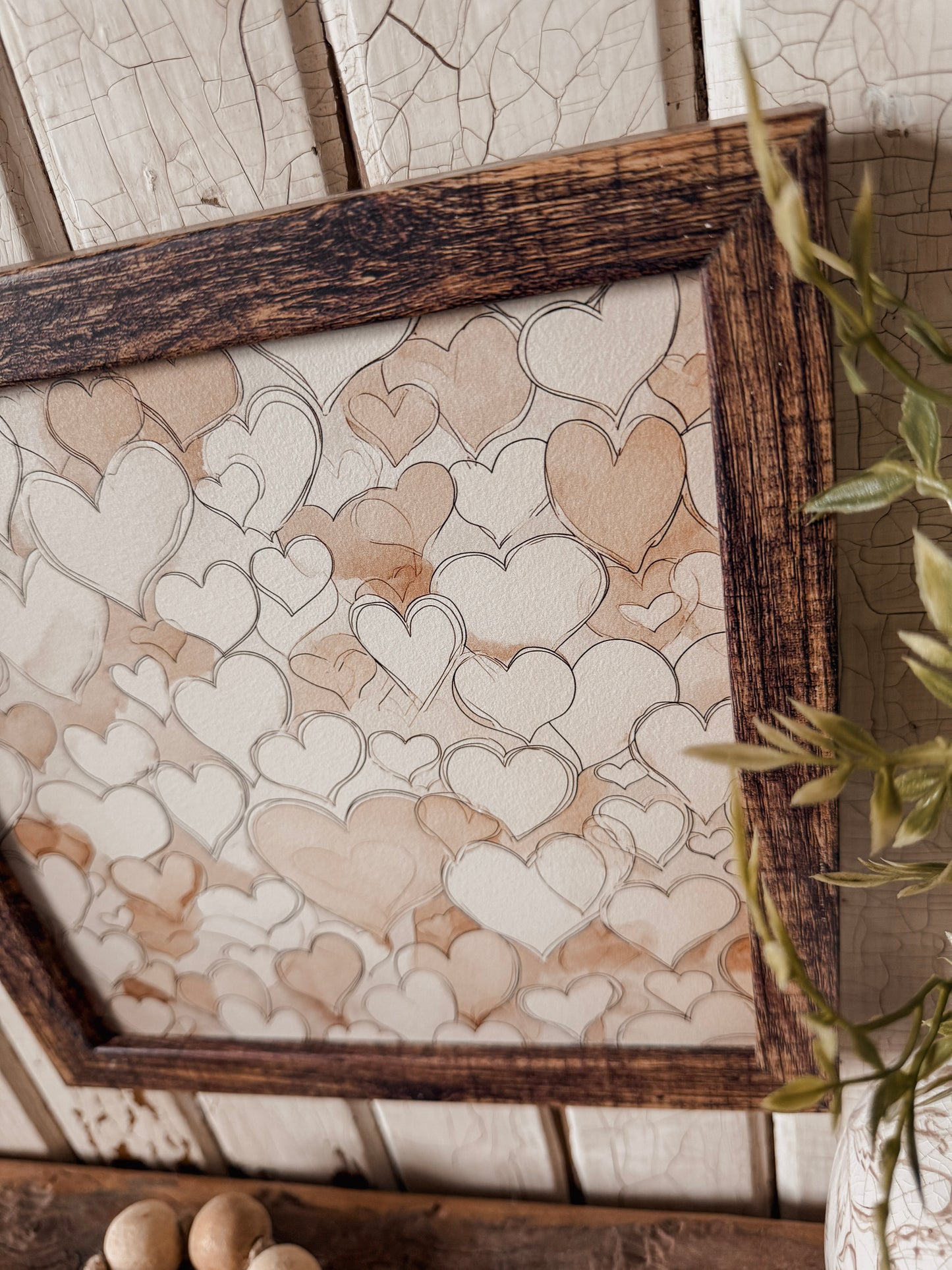 Vintage Coffee Stained Hearts Wood Sign