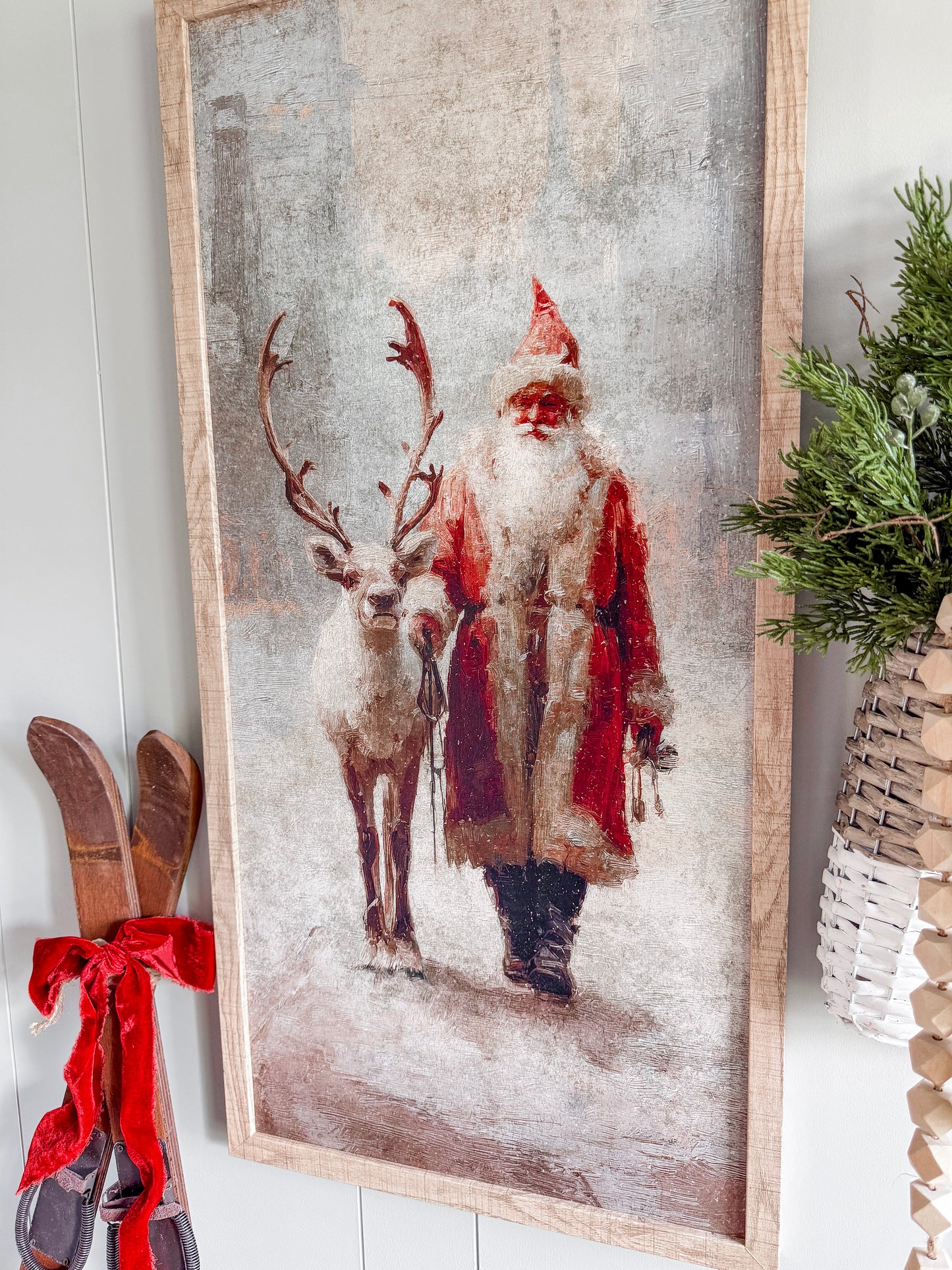 Colored Santa With Reindeer Wood Sign