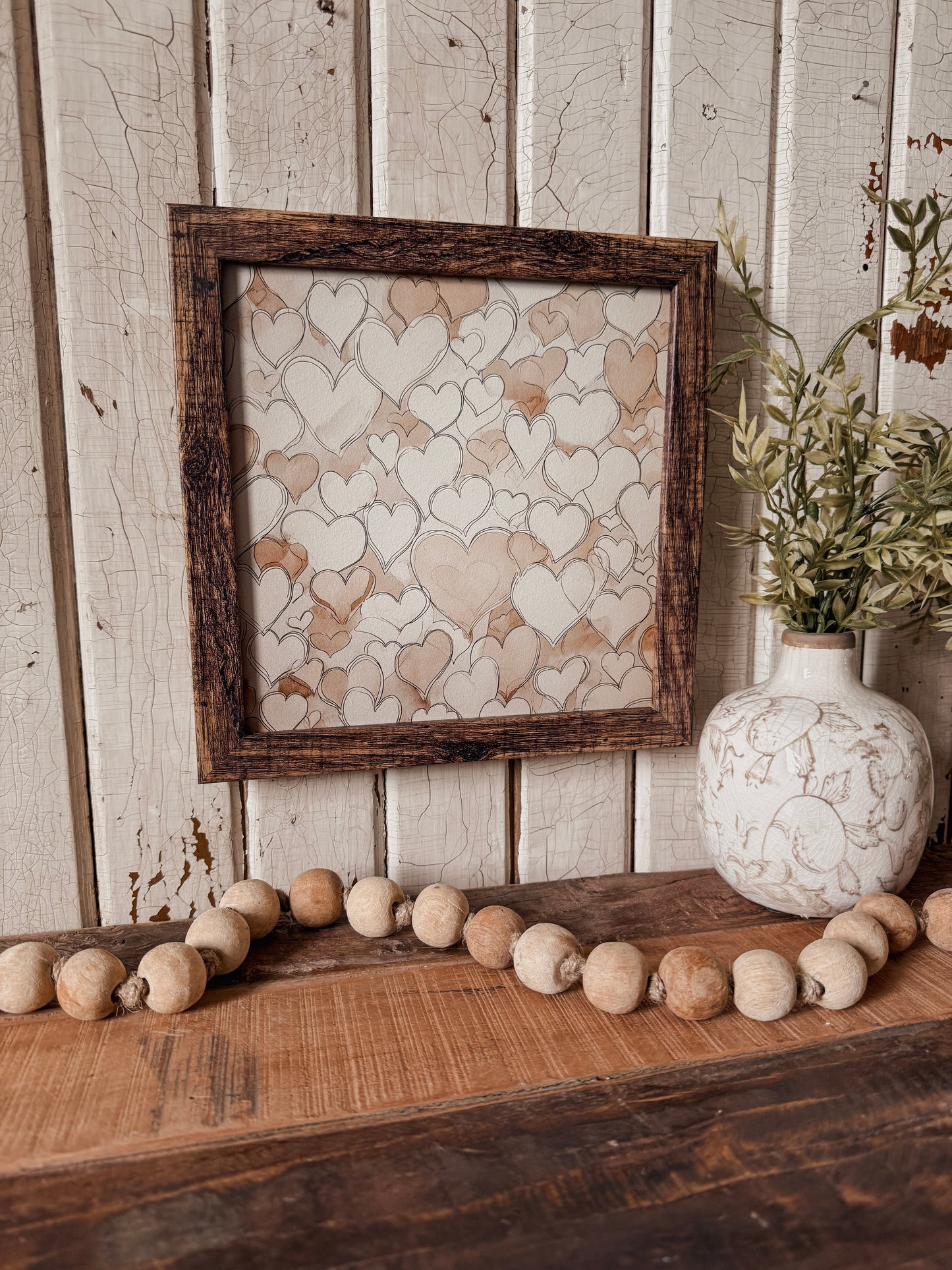 Vintage Coffee Stained Hearts Wood Sign