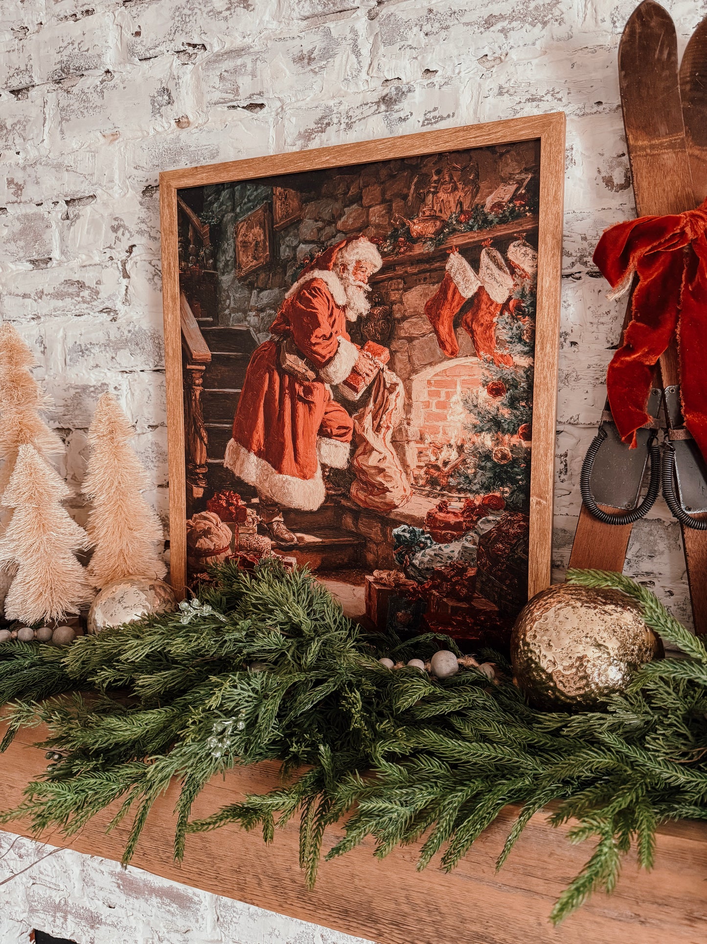 Retro Santa by Fireplace with Christmas Stockings