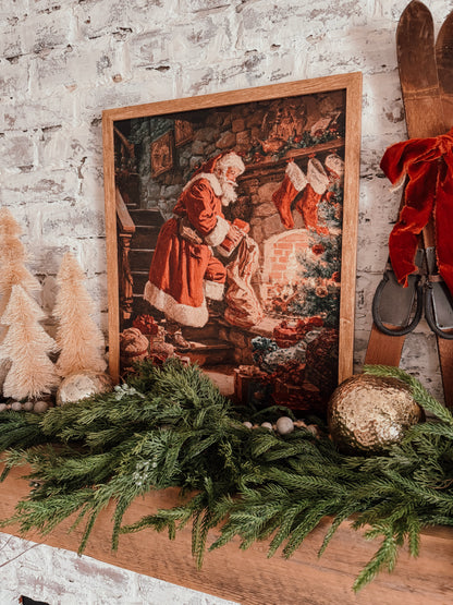 Retro Santa by Fireplace with Christmas Stockings