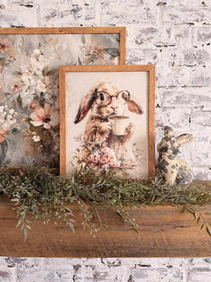 Bunny with Glasses & Coffee Cup Wood Sign