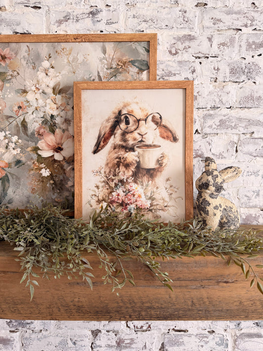 Bunny with Glasses & Coffee Cup Wood Sign