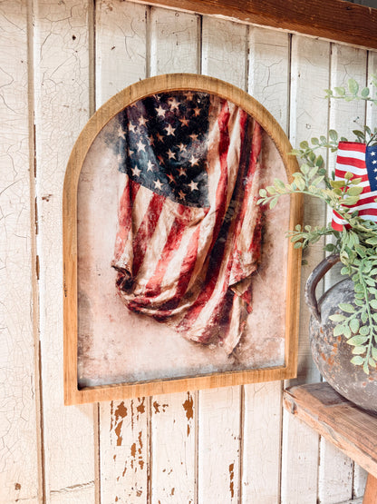 Vintage Vertical American Flag Framed Arched Print