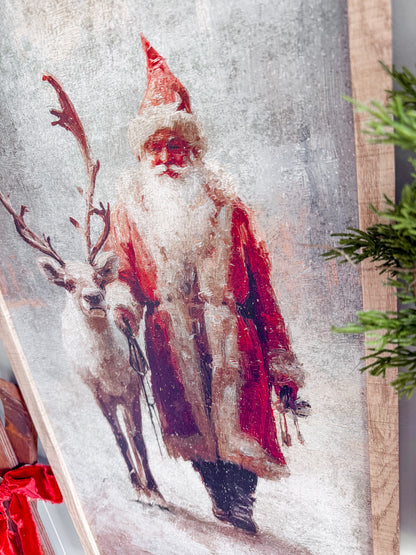 Colored Santa With Reindeer Wood Sign
