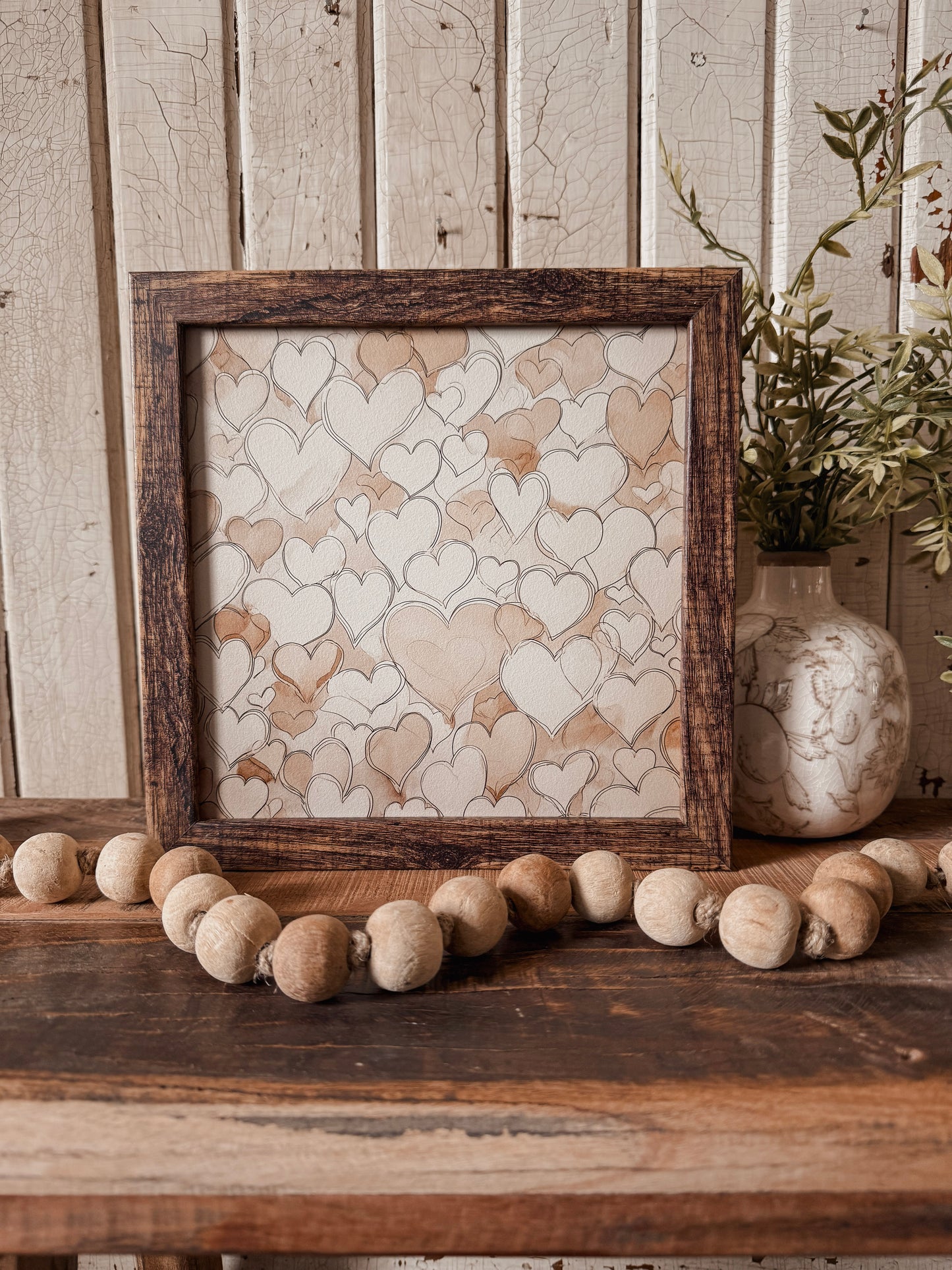 Vintage Coffee Stained Hearts Wood Sign