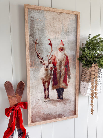 Colored Santa With Reindeer Wood Sign