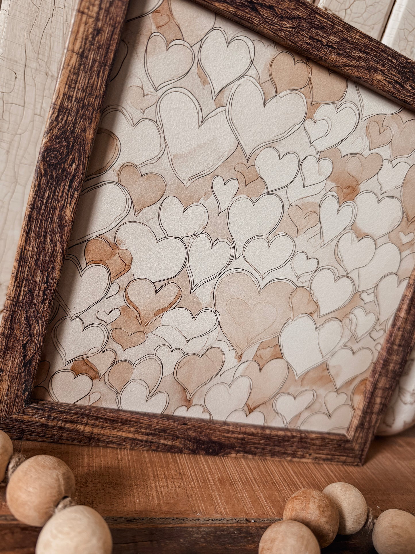 Vintage Coffee Stained Hearts Wood Sign