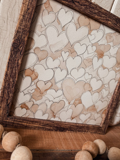Vintage Coffee Stained Hearts Wood Sign