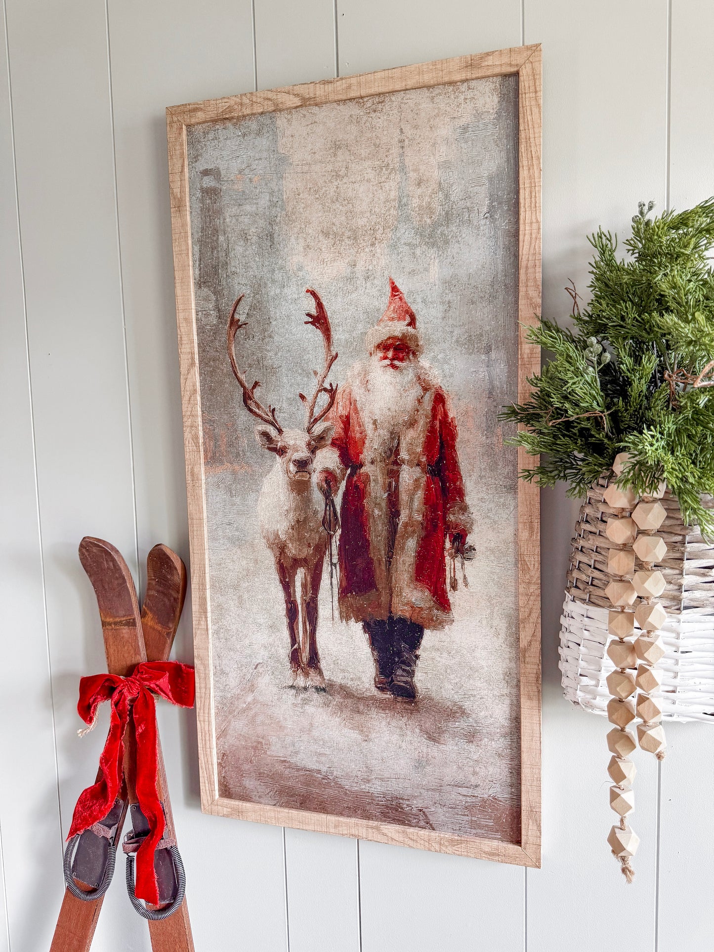 Colored Santa With Reindeer Wood Sign