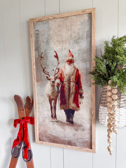 Colored Santa With Reindeer Wood Sign