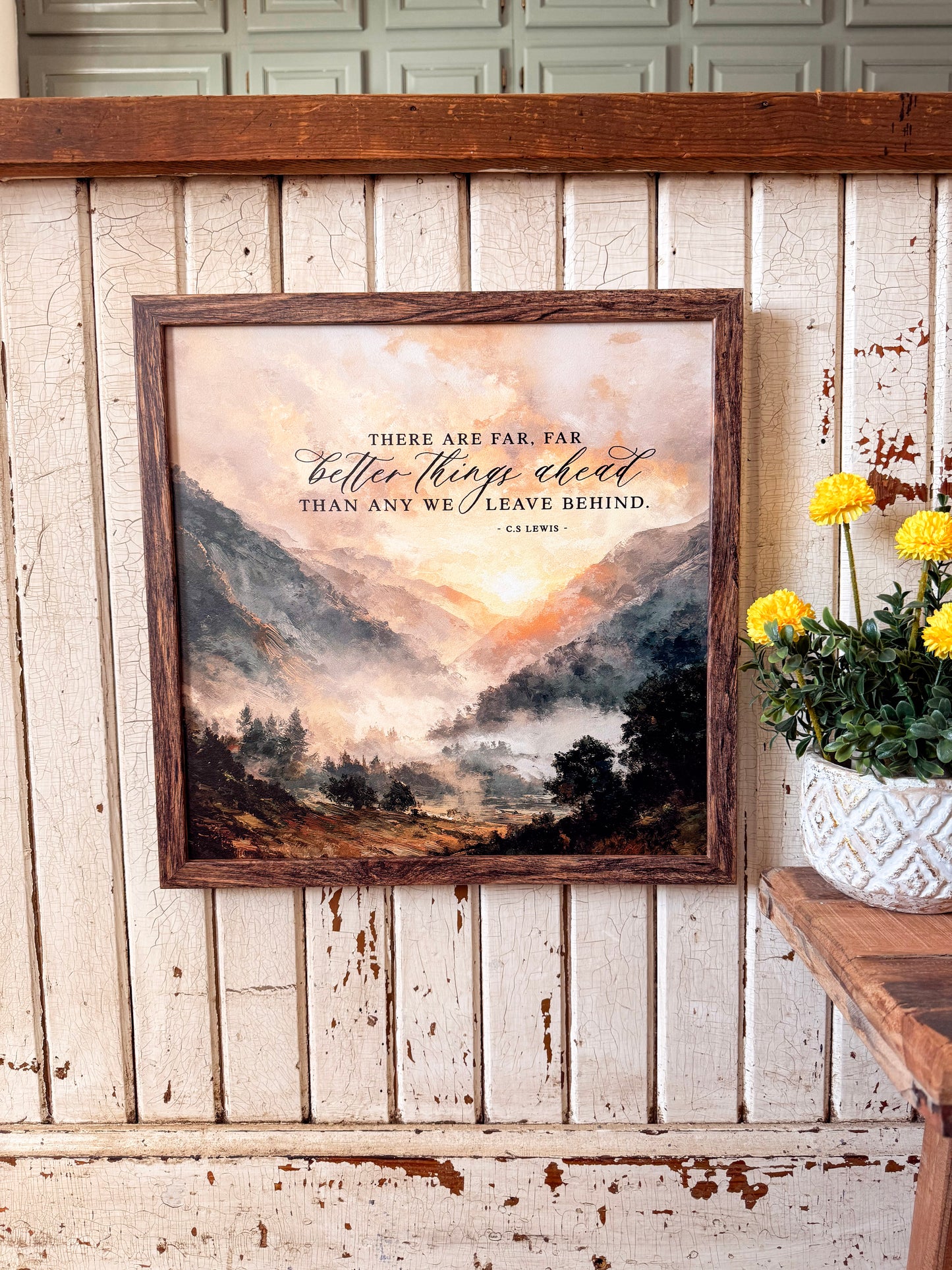 Better Things Ahead Quote with Mountain Landscape Wood Sign