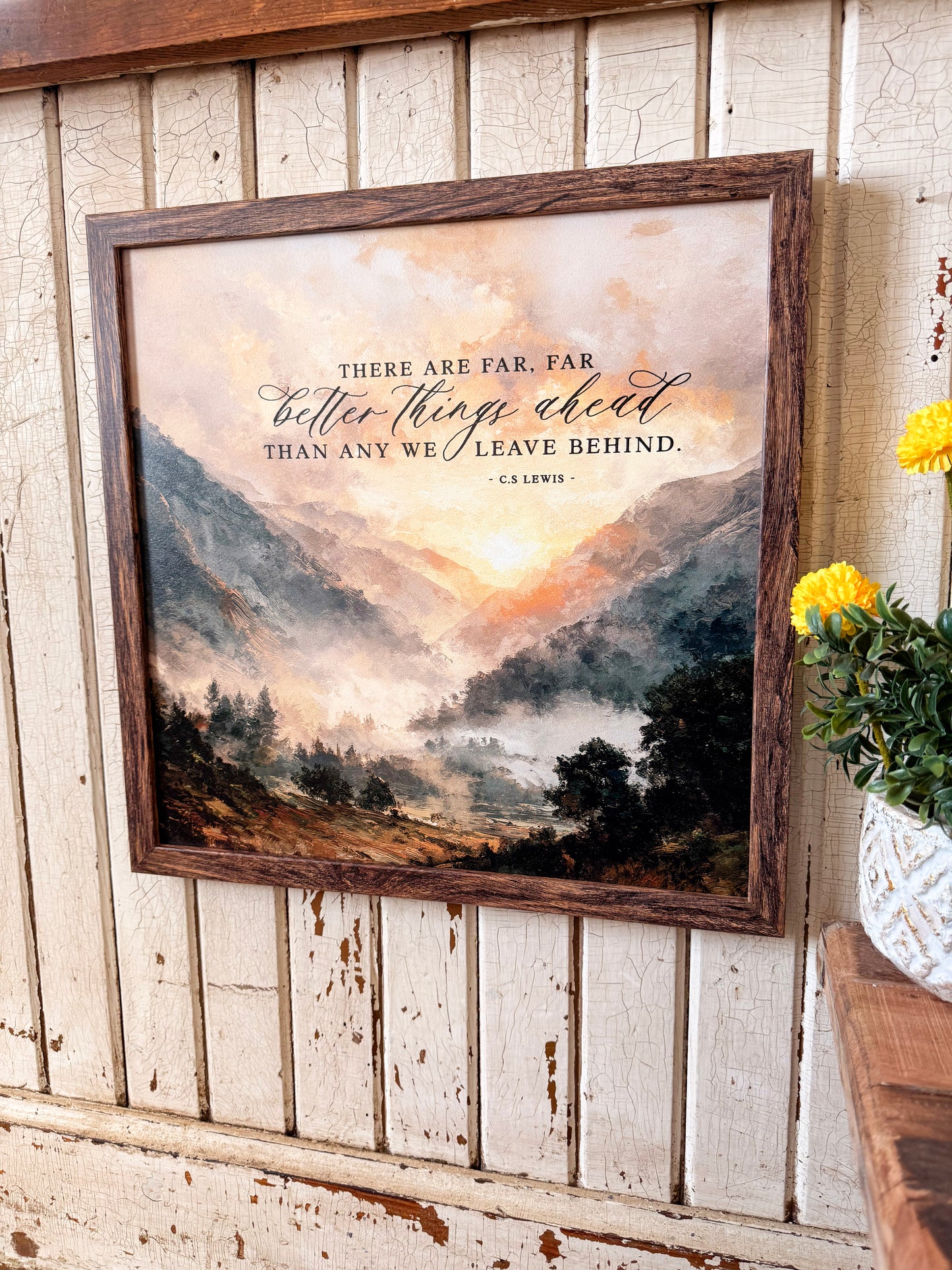 Better Things Ahead Quote with Mountain Landscape Wood Sign