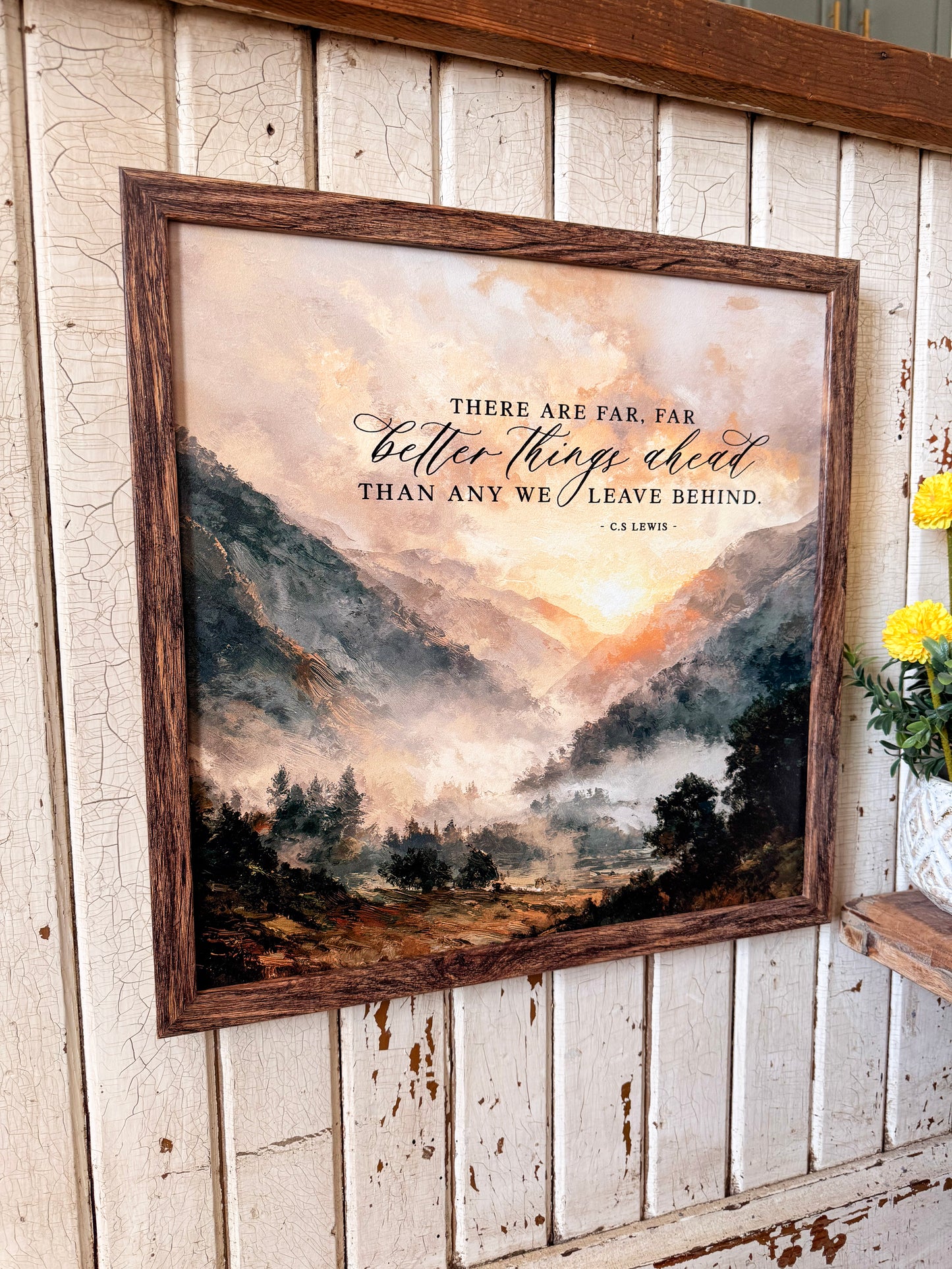 Better Things Ahead Quote with Mountain Landscape Wood Sign
