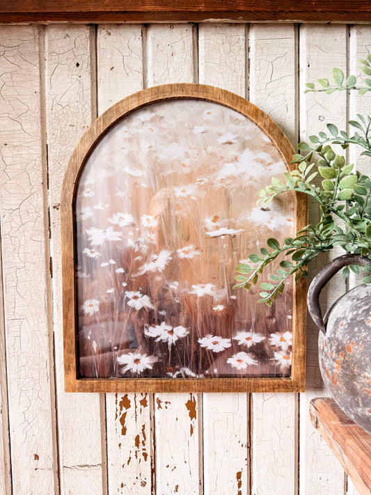 White Daisies Neutral Framed Arched Print