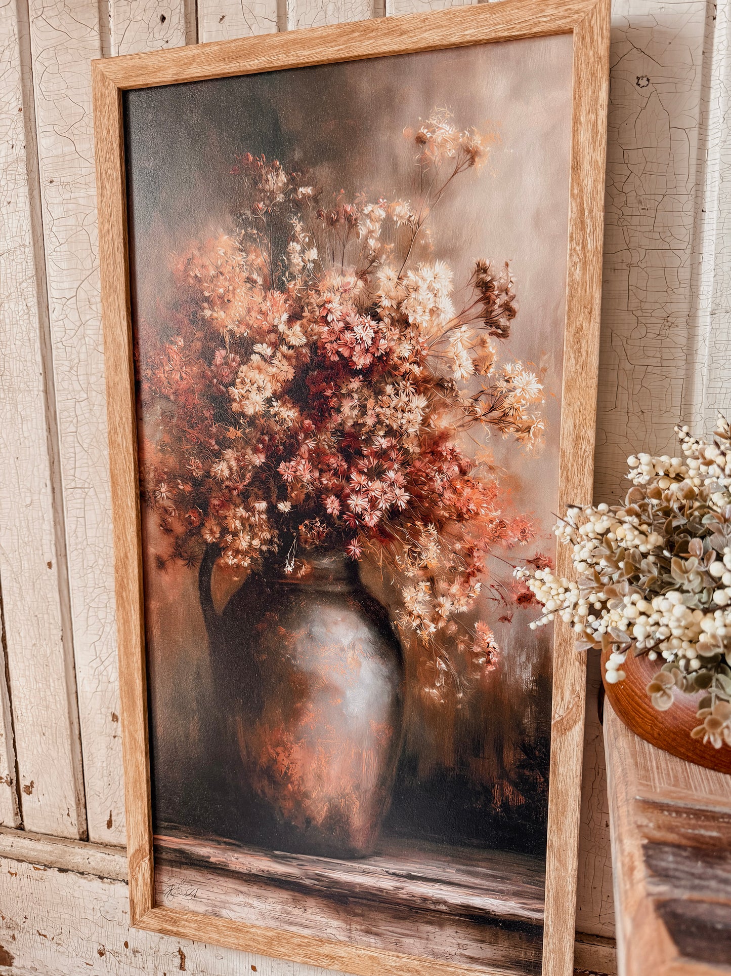 Dried Floral Bouquet in Vase Art Print Wood Sign