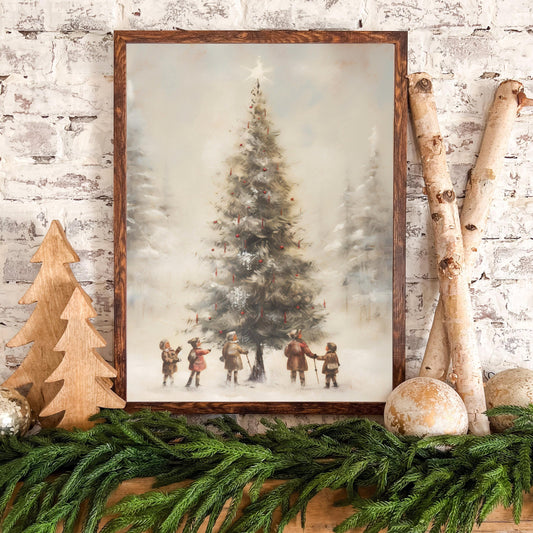 Vintage Christmas Tree with Kids Wood Sign