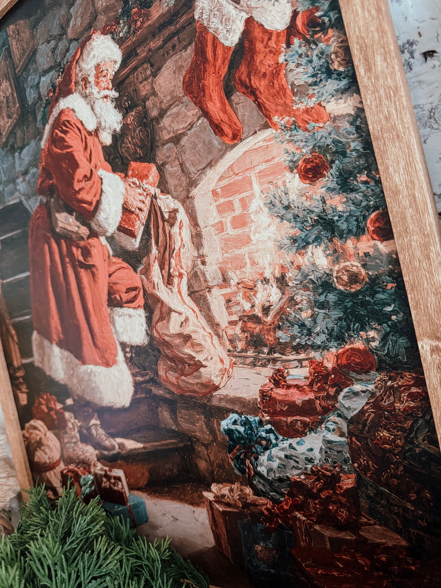 Retro Santa by Fireplace with Christmas Stockings