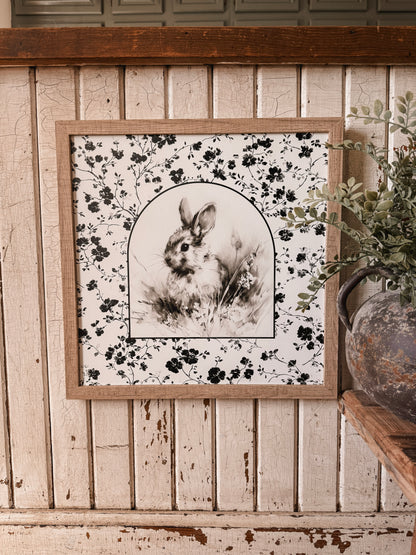 Vintage Rabbit with Black & White Floral Border Wood Sign