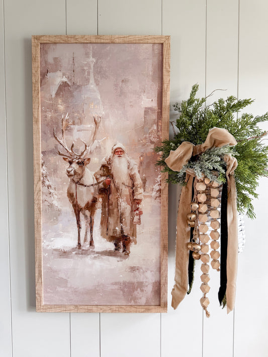 Neutral Santa With Reindeer Wood Sign