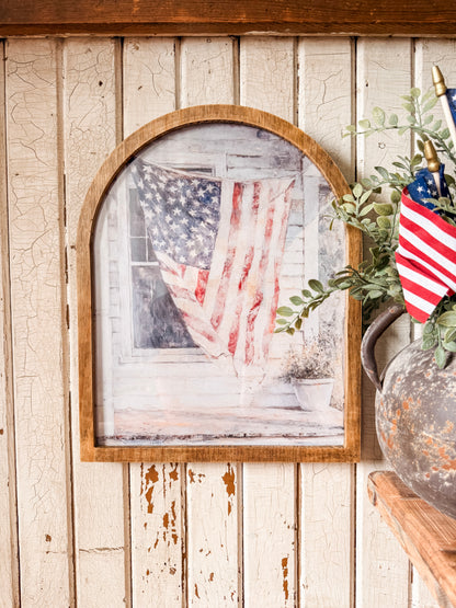 American Flag on Farmhouse Porch Framed Arched Print