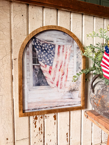 American Flag on Farmhouse Porch Framed Arched Print