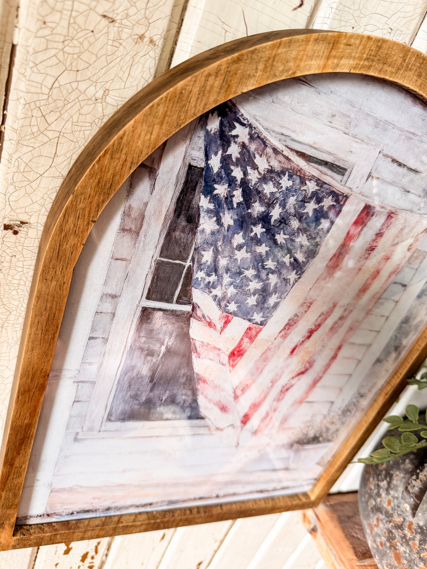American Flag on Farmhouse Porch Framed Arched Print