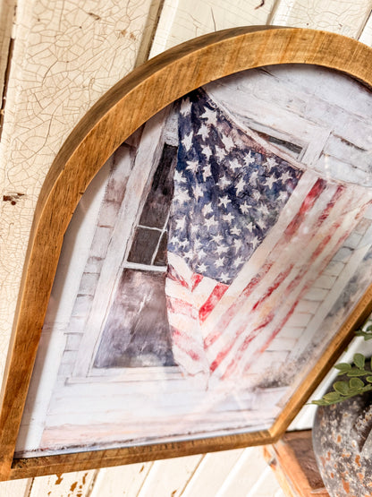 American Flag on Farmhouse Porch Framed Arched Print