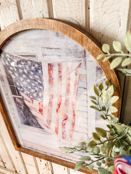 American Flag on Farmhouse Porch Framed Arched Print