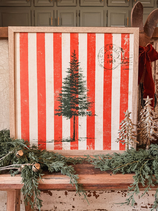 Christmas Tree Wood Sign with Red and Cream Stripes