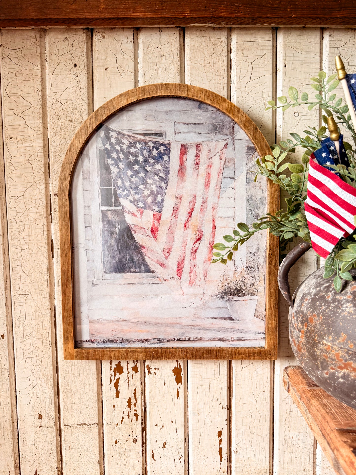 American Flag on Farmhouse Porch Framed Arched Print