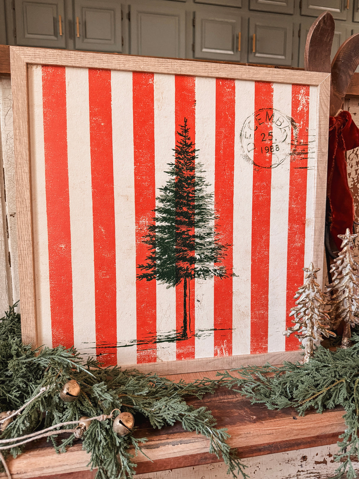 Christmas Tree Wood Sign with Red and Cream Stripes