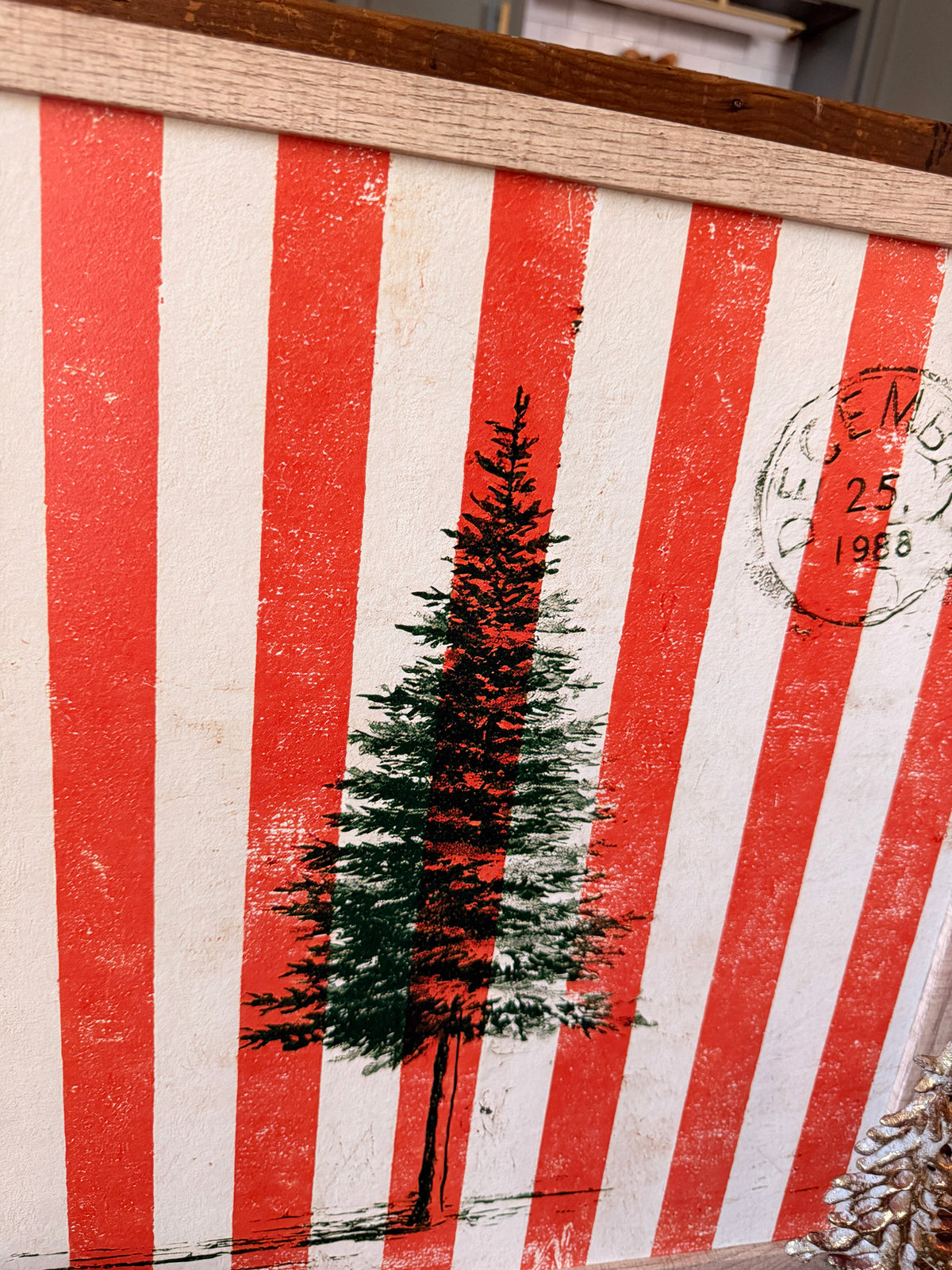 Christmas Tree Wood Sign with Red and Cream Stripes