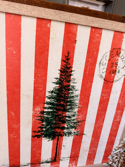 Christmas Tree Wood Sign with Red and Cream Stripes