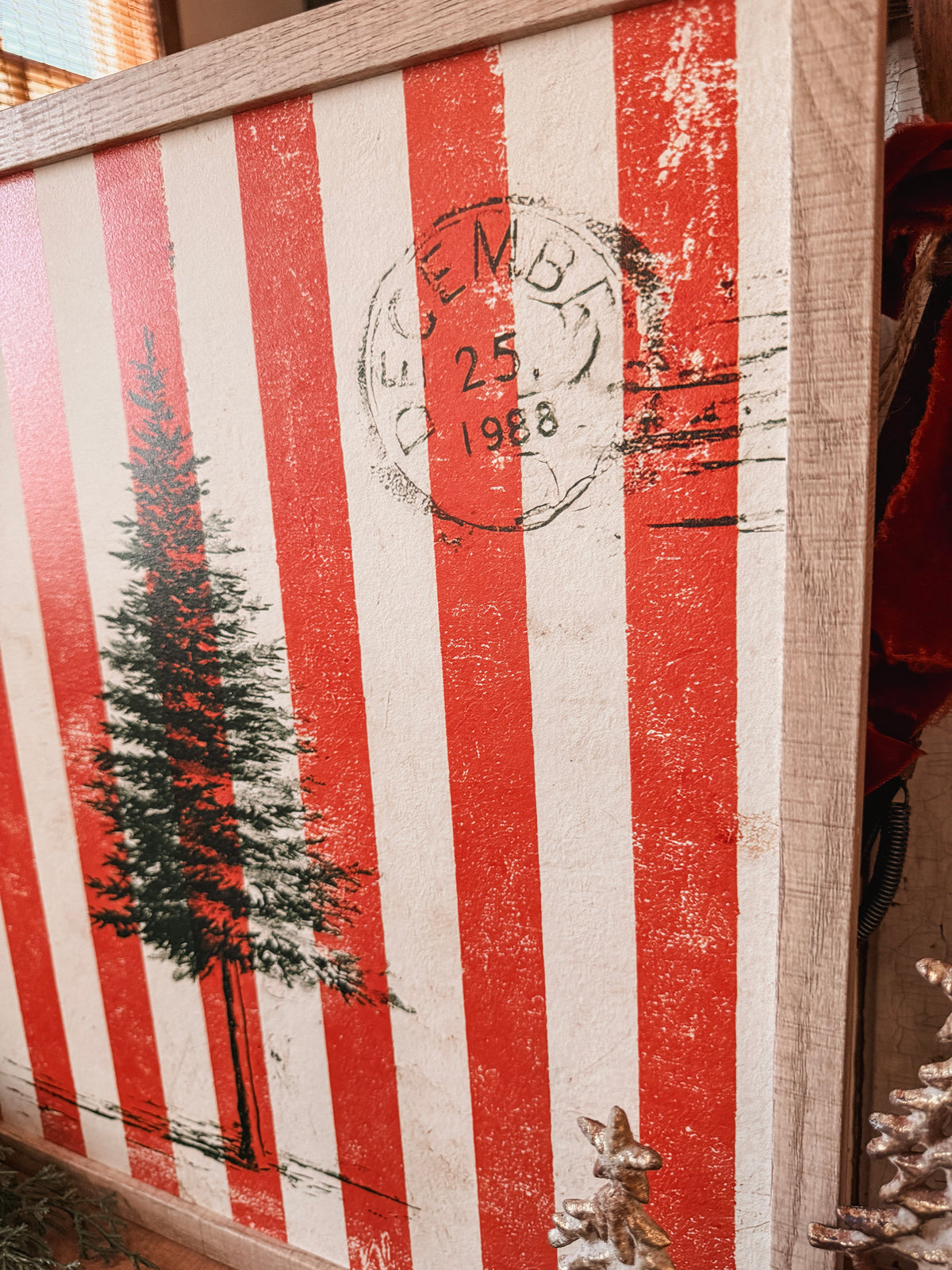 Christmas Tree Wood Sign with Red and Cream Stripes