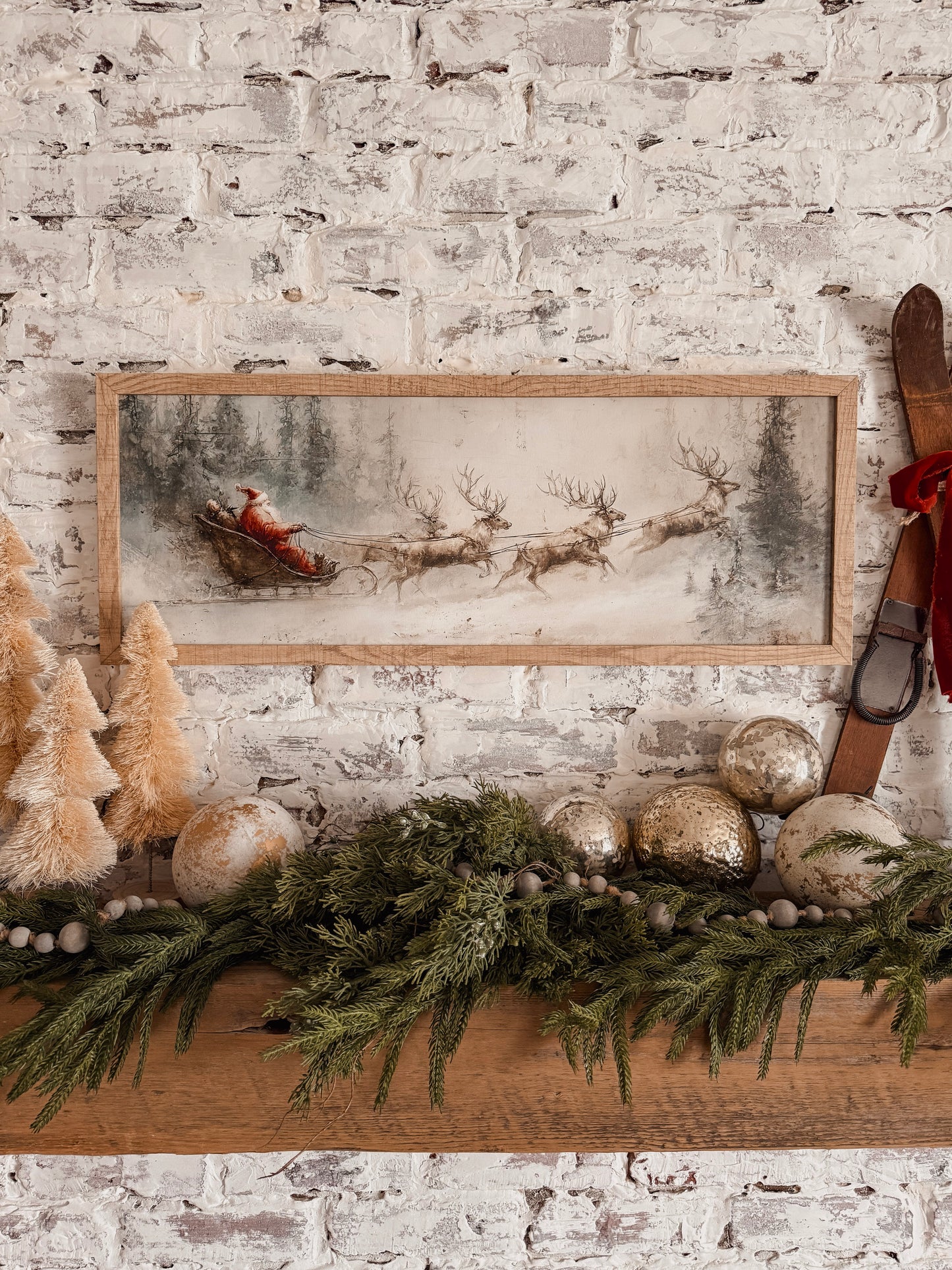 Vintage Santa in Sleigh & Reindeer Wood Sign