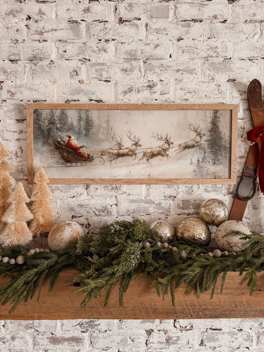 Vintage Santa in Sleigh & Reindeer Wood Sign