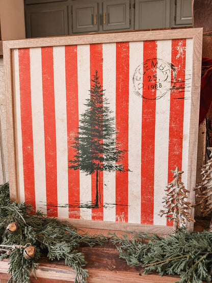 Christmas Tree Wood Sign with Red and Cream Stripes