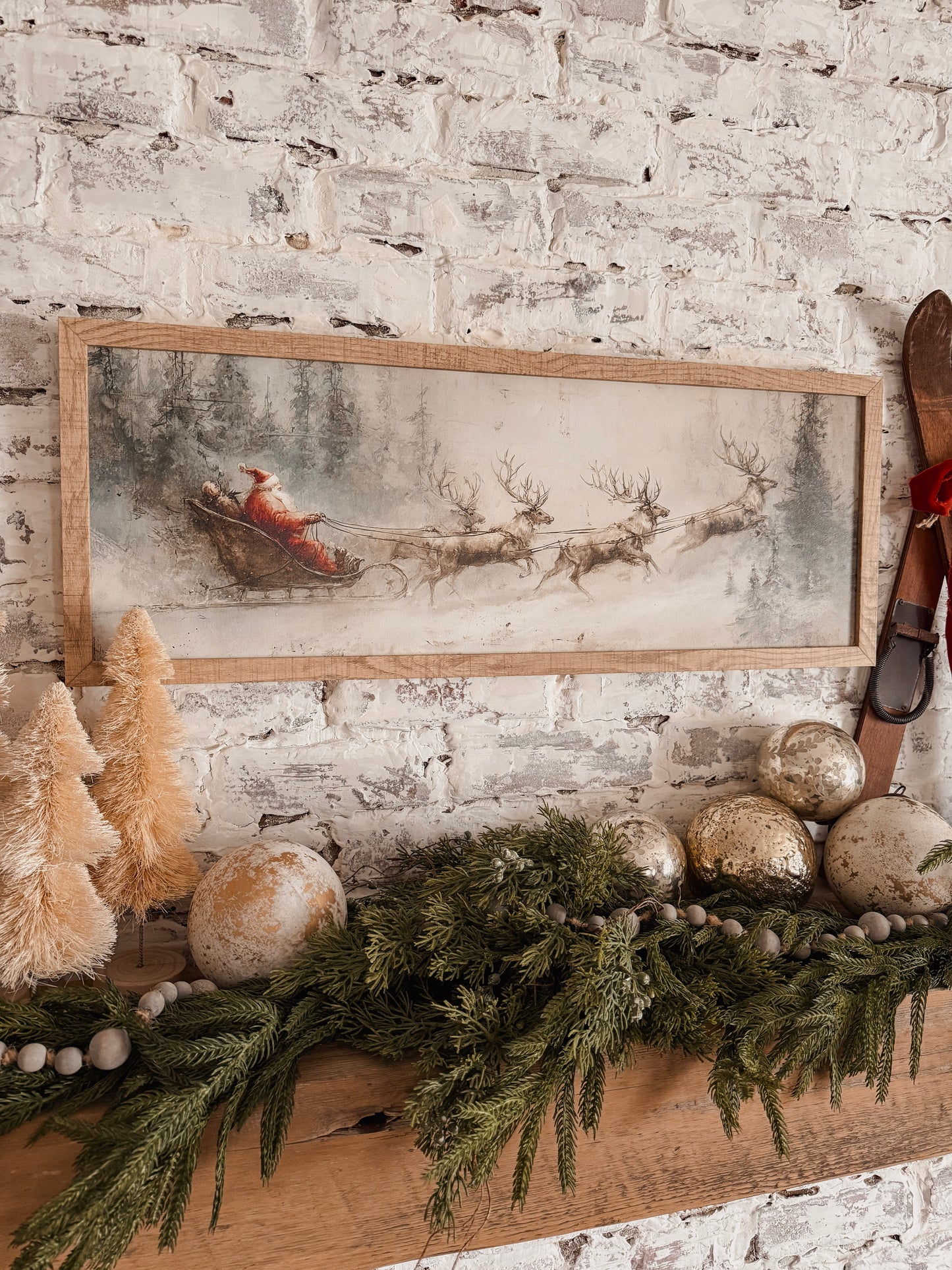 Vintage Santa in Sleigh & Reindeer Wood Sign