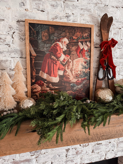 Retro Santa by Fireplace with Christmas Stockings