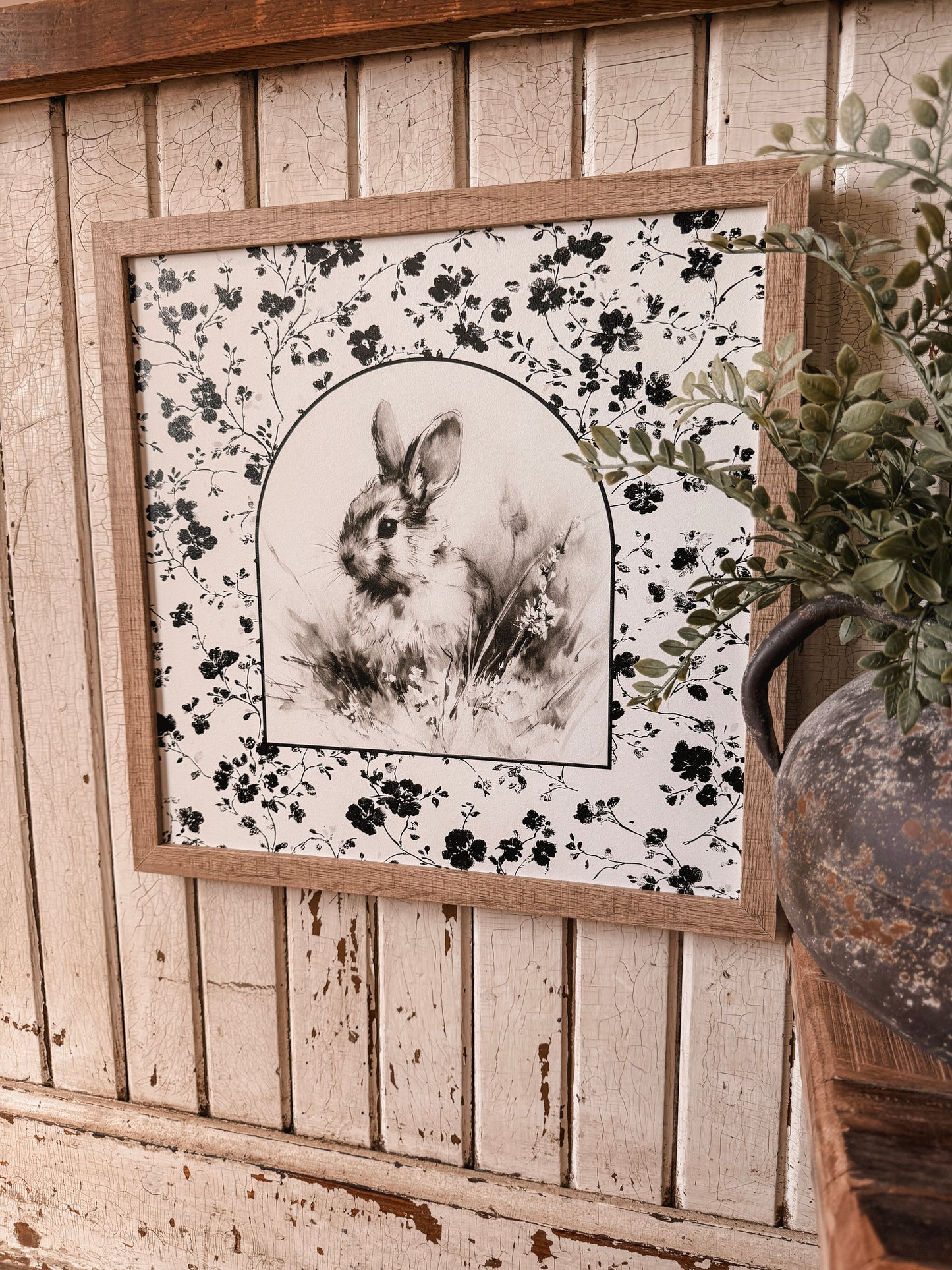 Vintage Rabbit with Black & White Floral Border Wood Sign