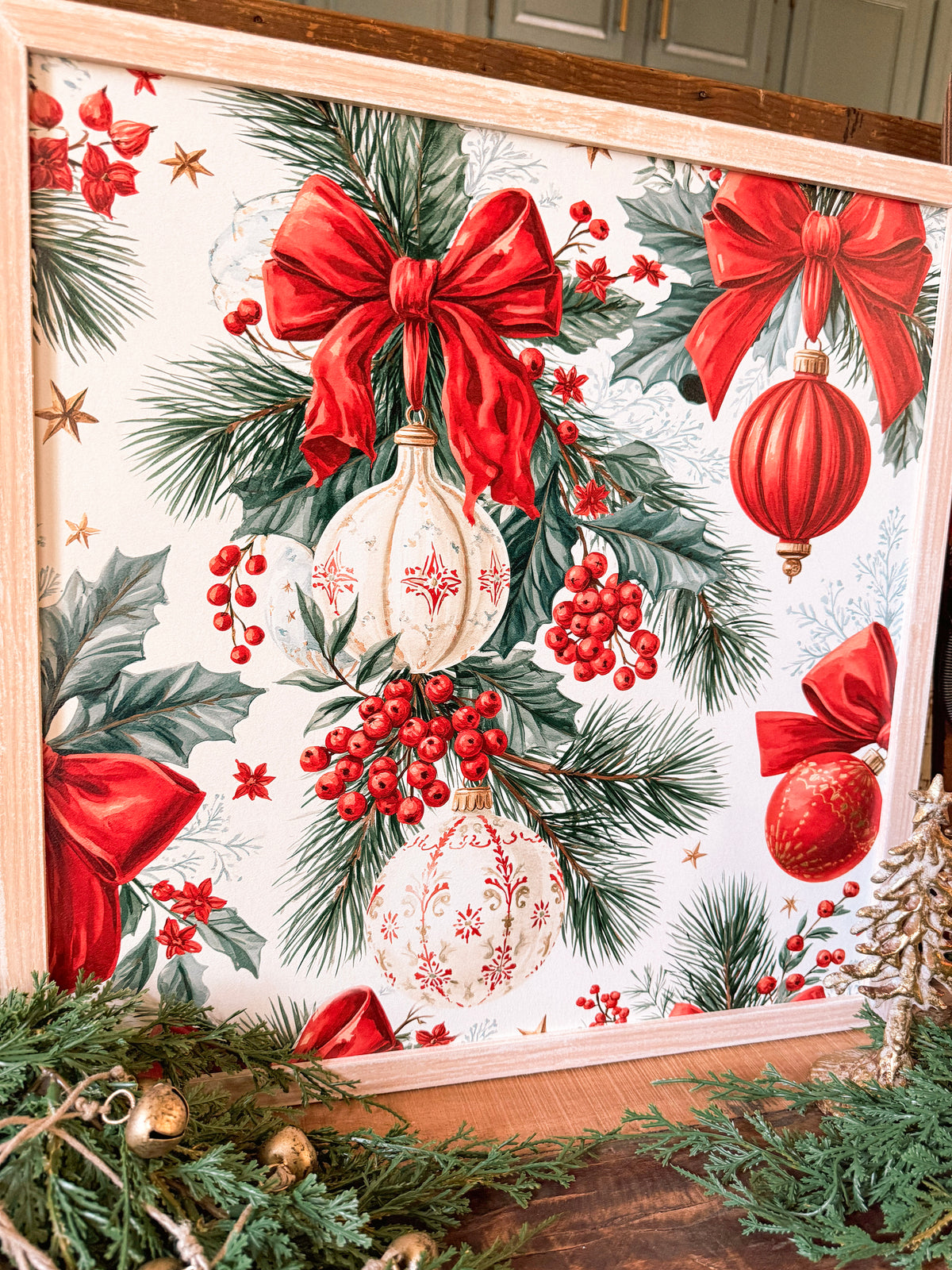 Christmas Ornaments and Red Bows Wood Sign