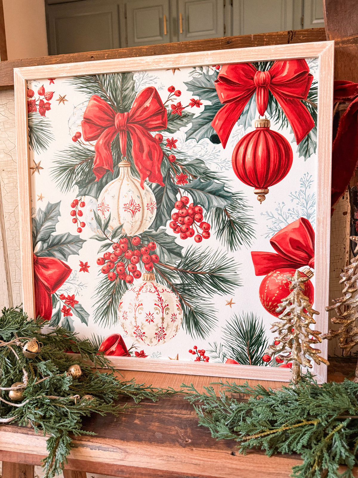 Christmas Ornaments and Red Bows Wood Sign