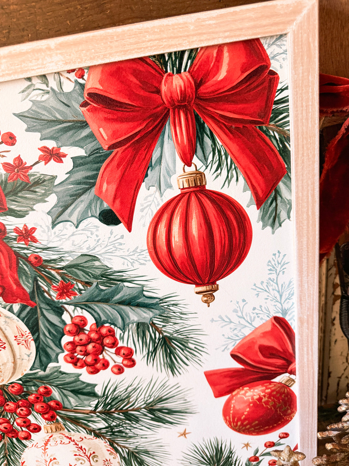 Christmas Ornaments and Red Bows Wood Sign