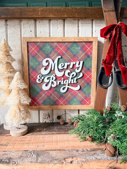Merry & Bright Vintage Plaid Background Wood Sign