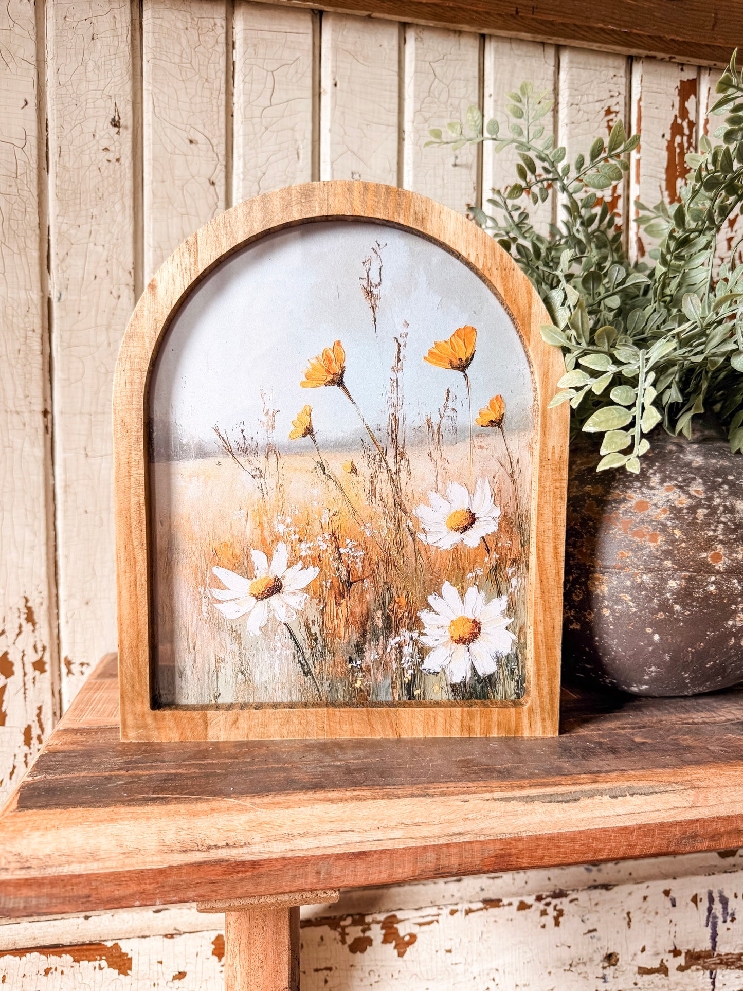 Yellow & White Flowers in Field Framed Arched Print