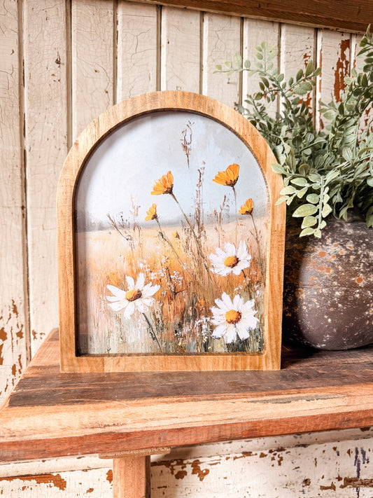 Yellow & White Flowers in Field Framed Arched Print