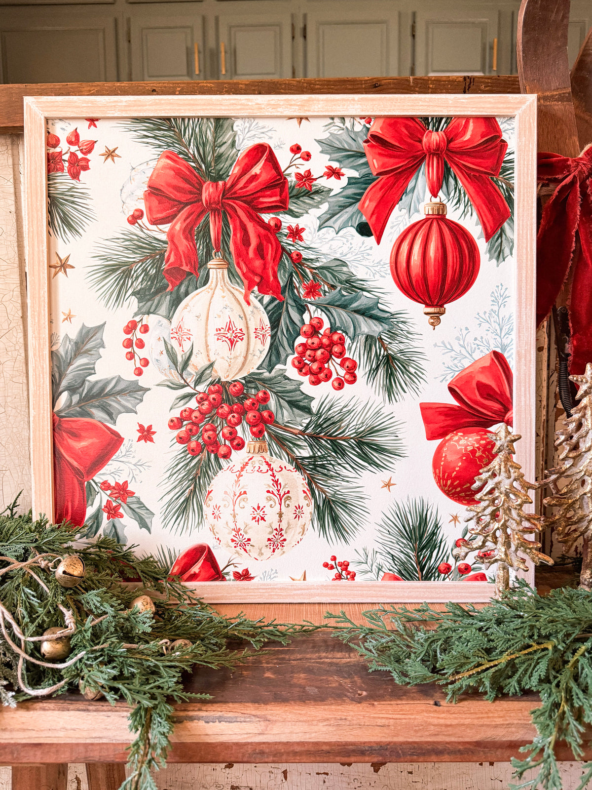 Christmas Ornaments and Red Bows Wood Sign