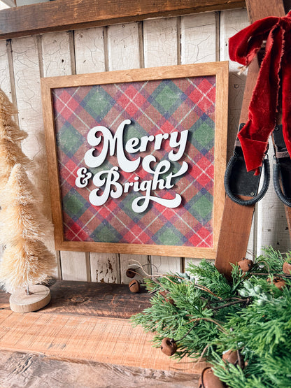 Merry & Bright Vintage Plaid Background Wood Sign